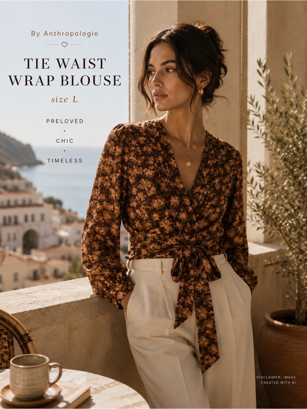 Anthropologie Floral Wrap Blouse NWT Large Brown Boho Romantic Top Silky - Picture 1 of 11